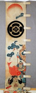 Banner (nobori), detalje af Seven Gods of Fortune-motiver, familievåben, blomst i cirkel, i bomuld, Farvet i reserve med risstivelse, med pigmenter, blæk, kemikalier, blæk, japansk civilisation, Meiji-Taisho-periode, 20. århundrede af Japanese School