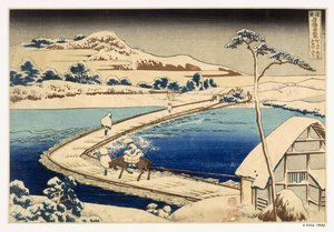 Bådebroen ved Sawa, 1830, Hokusai Katsushika (1760-1849) (håndfarvet træbloktryk) af Japanese School