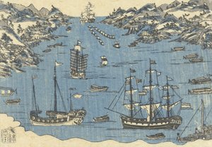Bunkindo-tryk af udenlandske skibe i havnen i Nagasaki, 1800-50 af Japanese School