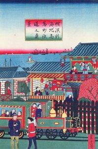 Centralt afsnit af en triptykon, der viser et tog ved Yokohama, anden halvdel af det nittende århundrede (se også 277856) af Japanese School