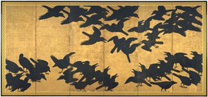 Krager, begyndelsen af det 17. århundrede (par af seks panelskærme; blæk og guld på papir) af Japanese School