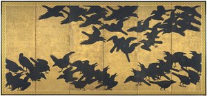 Krager, tidligt i det 17. århundrede (par af seks panelskærme; blæk og guld på papir) af Japanese School