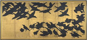Krager, tidligt i det 17. århundrede (par af seks panelskærme; blæk og guld på papir) af Japanese School