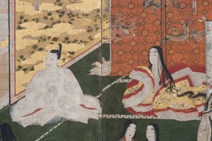 Detalje af Spring in the Palace, seksdobbelt skærm fra The Tale of Genji, ca. 1650 (blæk, farver og guld på papir) af Japanese School