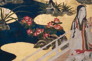 Detalje af Spring in the Palace, seksdobbelt skærm fra The Tale of Genji, ca. 1650 (blæk, farver og guld på papir) af Japanese School