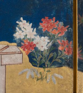 Detalje af Spring in the Palace, seksdobbelt skærm fra The Tale of Genji, ca. 1650 (blæk, farver og guld på papir) af Japanese School