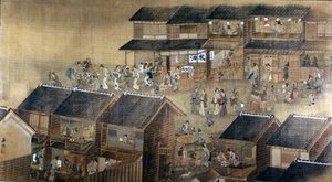 Edo by Night (blæk og farve på papir) af Japanese School