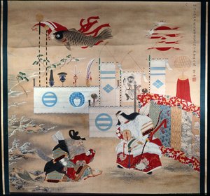 Kejserinde Jingo Kogo og den gamle general Takeshi Vchi No Sukune, der holder kejserinden Homudas søn - Karpebanneret symboliserer kejserindens søn af Japanese School