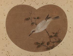 Viftemaleri med fugl (recto) (blæk & farve på papir) af Japanese School