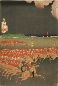 Franske og britiske tropper engageret i militære træningsmanøvrer, Yokohama, Japan. Britisk kavaleriøvelse. En del af triptykon af Taiso Yoshitoshi (1839-1892) japansk Ukiyo-e kunstner. Hest af Japanese School