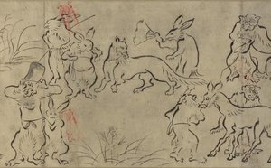 Dyr, der boltrer sig (Choju Giga) Muromachi periode (blæk på papir) af Japanese School