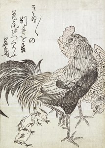 Høne, hane og høns (træbloktryk) af Japanese School