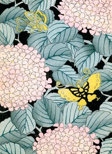 Hortensia og sommerfugle af Japanese School