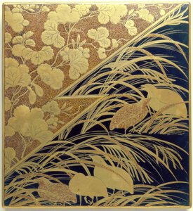 Blækstensæske med motiv af pampasgræs og vagtel, Edo-perioden, ca. 1630 (lakeret træ med guld, blæksten og sølv) af Japanese School