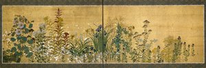 Japansk kunst: skærmpaneler dekoreret med blomster. Stil af skolen i Rimpa (1596-1615). Maleri på silke. Svag. 65x189 cm Privat samling af Japanese School