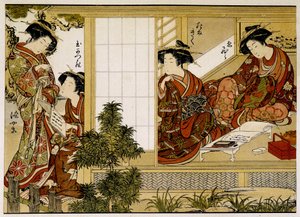 Japanske kvinder, der skriver og læser. 1700-tals tryk. af Japanese School