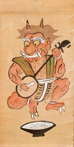 Kakemono skildrer en djævel, der spiller shamisen (blæk og farve på papirrulle) af Japanese School