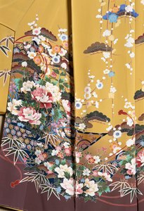 Kimono Furisode (bølgende ærmer) båret af unge ugifte kvinder ved elegante lejligheder og Maiko (lærling Geisha), Glat silke, blomstermotiver, flydende bånd, Kaga-Yuzen farvning, Tokamachi væverier, japansk civilisation, 20. århundrede af Japanese School