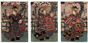 La courtisane Shigeoka de Okamoto-ya; La courtisane Sugatano de Sugataebi-ya; La courtisane Hanamurasaki de Tama-ya --Courtesaner Shigeoka, Sugatano og Hanamurasaki. Triptykon. Fra serien Yoshiwaras skønheder --Anonyme --Mellem 1848 og 1 af Japanese School