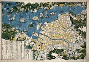 Kort over Nagasaki, Japan, ca. 1868 (farvelagt træsnit) af Japanese School