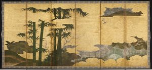 Moonlit Bamboo Grove, tidligt i det 16. århundrede (par af seks panelskærme; blæk, farve og guld på skrift) af Japanese School