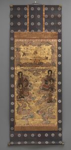 Vægmaleri: Nedstigning af femogtyve bodhisattvaer (tilhængere af Amitabha-triaden), 1700-tallet (Triptykon hængende ruller: blæk, farve og guld blad på papir, messing) af Japanese School