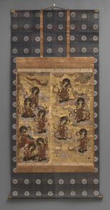 Vægmaleri: Nedstigning af femogtyve bodhisattvaer (tilhængere af Amitabha-triaden), 1700-tallet (Triptykon hængende ruller: blæk, farve og guld blad på papir, messing) af Japanese School