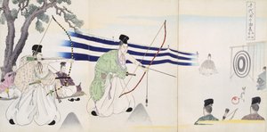 Adelsmænd, der øver bueskydning, fra et album af træsnit (træbloktryk i farver) af Japanese School