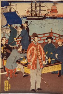 Et print af triptykon, der viser europæiske købmænd, der tager en forfriskning med japansk. I baggrunden ses skibe i Yokohama havn, Japan af Japanese School
