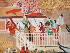 Osakazu Byobu - Japansk foldeskærm med otte paneler (maleri) af Japanese School