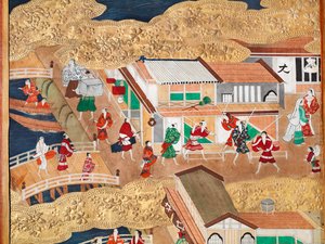 Osakazu Byobu - Japansk foldeskærm med otte paneler (maleri) af Japanese School