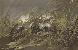 Vores infanterisoldater i træfning på en hirsemark nær Liao-yang (chromolitho) af Japanese School