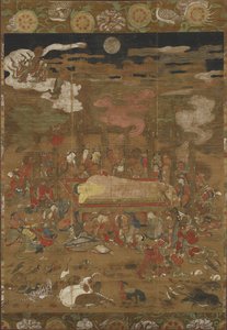Parinirvana af Sakyamuni, den historiske Buddha (blæk, farve og guld på silke) af Japanese School