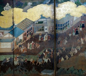 "Portugisisk" skærm: en repræsentation af portugisiske jesuitiske missionærers ankomst til Japan i det 16. århundrede. Detalje. Realiseret af Kano Skolen (?). 1593-1600. Lissabons museum for antikke kunst af Japanese School