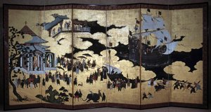 "Portugisisk" skærm, der repræsenterer ankomsten af portugisiske jesuitermissionærer til Japan i det 16. århundrede. 1590-1614. Kano Skole (?) Lissabon. Nationalmuseet for oldtidskunst af Japanese School