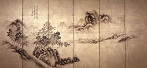 Rekto: Landskab efter Mi Fei, ca. 1810 (blæk på bladguld) af Japanese School