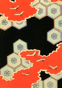 Røde skyer med flyvende traner af Japanese School