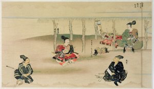 Samurai Takezaki leverer hovederne af to mongolske angribere til Adachi Morinume under den mongolske invasion af Japan i 1274, illustration fra magasinet Kokka, maj 1921 af Japanese School