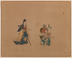 Samurai and Two Blindmen, Album Leaf Painting (blæk og farve på papir) af Japanese School