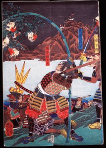 Samurai viser afhuggede hoveder af deres fjender på bambusstokke, sewamono (hjemmeleg) af Japanese School