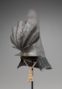 Samurai hjelm (træ, lak, metal og fiber) af Japanese School