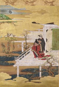 Scene fra Tale of Genji (blækfarve & bladguld på papir) af Japanese School