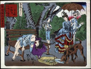 Scene i Uéno Park i Japan: En kurerbørn sover på en bænk og bliver stjålet fra en hund - japansk tryk af Japanese School
