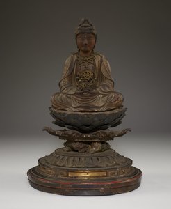 Siddende Miroku Bosatsu (polykromt træ med krystal, metal og bladguld) af Japanese School