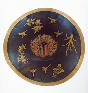 Skjold, der afbilder våbenlejerne af Constantijn Ranst, for det hollandske østindiske kompagni, fremstillet i Bengal og lakeret i Japan, ca. 1668 (lakeret læder) af Japanese School