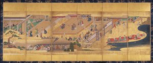 Seksfoldsskærm med Noh Play Funa-Benkei, c.1660 (farve, gofun & blæk & guld på papir) af Japanese School