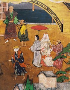 Portugisernes ankomst til Japan, detalje af et gadebillede, fra en Namban Byobu-skærm, 1594-1618 af Japanese School