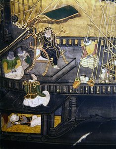 Portugisernes ankomst til Japan, detalje, der viser mænd i den centrale del af et skib, fra en Namban Byobu-skærm, 1594-1618 af Japanese School