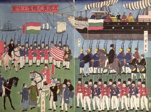 Ankomsten af eskadrille af Commodore Perry til en japansk havn i 1853 (farvet træbloktryk) af Japanese School