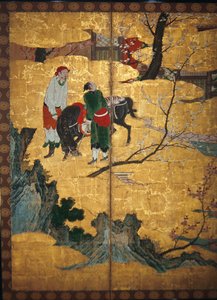 Retsbesøget af de fire vismænd på Mount Shang; Su Shis-besøg i vind- og vandhulen, detaljer fra et par foldeskærme med seks paneler, Momoyama Period (wc & guld på papir) af Japanese School
